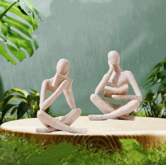 Reading Thinker Statue, Sculptures Abstract Art Ornament, Modern Aesthetic Figurine Decoration Set of 2 Status for Home Living Room Bedroom Office Shelf Table Desk Bookshelf Decor (Sandstone) - Image 3