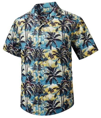 HISDERN Camisas Hawaianas para Hombre Manga Corta Verano Funky Hawai Camisa de Manga Corte Norma Cuello Cubano de Playa Camisas de Palmera con Bolsillo Azul y Amarillo M
