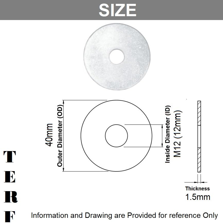 TERF® M12 (12mm) X 40mm X 1.5mm Stainless Steel A2 (304) Flat Repair Penny Mudguard Timber Fender Washer 12mm Hole (ID) X 40mm Outside Diameter X 1.5mm Thickness - Image 3