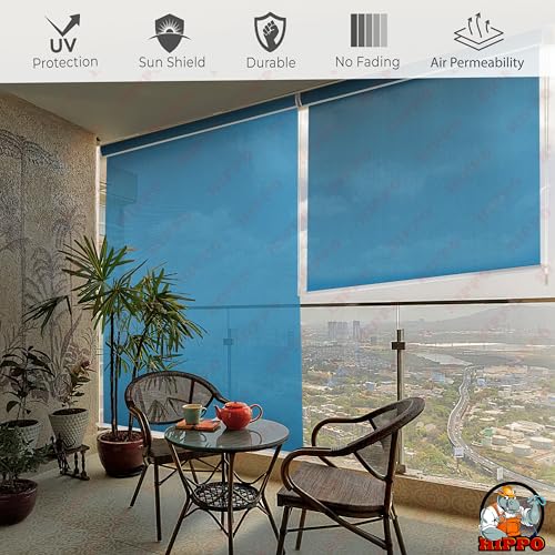 Image of HIPPO 180 GSM HDPE Outdoor Balcony Roller Blind with UV & Dust Protection- Smooth Corded Roll-Up & Down System, Light Filtering Shade for Balcony & Garden Use (Greece-Blues, 3FTX8FT)