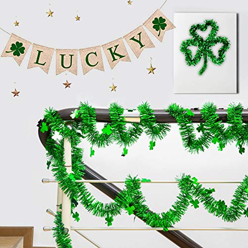 6 Pack St. Patrick’s Day Green Tinsel Garland- 2pcs 14\" Shamrock Wreath+ 2pcs Expandable Wire Garland+ 2pcs 9ft Green Tinsel Metallic Streamers Set Party Favors for Irish St Patrick Home Wall Decors - Thumbnail 6