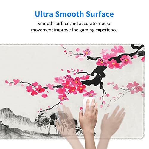 Image of Watercolor Landscape Sakura Cherry Blossom Gaming Mouse Pad 35.4x15.7inch with Stitched Edges Extended Waterproof Desk Mousepad Non-Slip Rubber Base Large Computer Keyboard Mat for Work /Office /Home