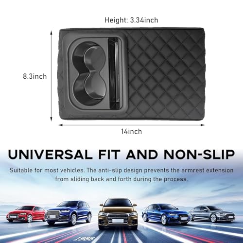 Image of Car Center Console Armrest Cushion with Drink Holder and Phone Holder, Memory Foam, Waterproof Leather, Diamond Pattern, Universal Fit, 35.56cm x 21.08cm