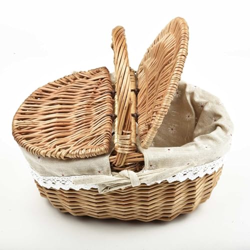 Cesta de mimbre rural para picnic, cesta de almacenamiento de picnic inglés con doble tapa con asa de transporte redonda y cómoda