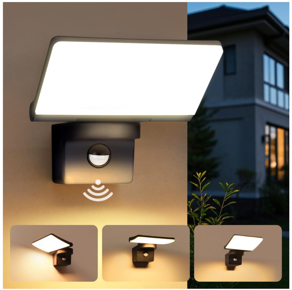 YindaLux 14W Lampe d'extérieur avec détecteur de mouvement Noir, IP65 Applique Murale Extérieur/Intérieur, 3000K Lampe d'extérieur avec Panneau LED Orientable, Applique Murale pour Terrasse