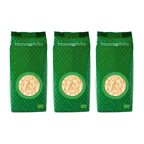 Mundo Feliz Chips de Coco Ecológicos, Tostados y Aromatizados con Exquisita Piña, 3 x 200 g