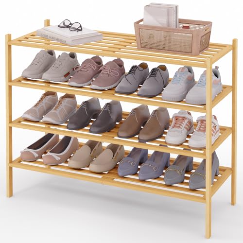 Image of Smiry Bamboo Shoe Rack, 5 Horizontal Slats, 4 Tier - 33.9 inch Wide, Natural