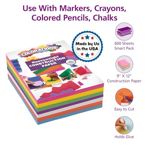 Colorations Construction Paper for Kids - 7 Bright Colors - 600 Bulk Sheets of 9"X12" - Assorted Pack of Heavy-Duty Craft Paper, Bulk School Supplies by Colorations - Image 2