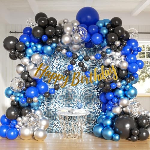 Image of 104Pcs Blue Black Silver Birthday Decorations Kit - Metallic Balloons Happy Birthday Card Banner Pack