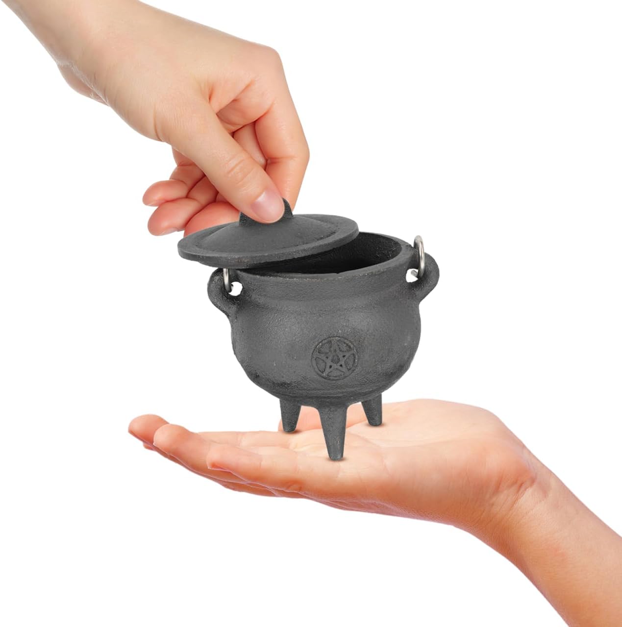 DOITOOL Mini Cast Iron Cauldron with Lid and Handle, 4 Inch Halloween Witch Pot with Lid for Halloween Decoration or Incense Burning (Pentagram)
