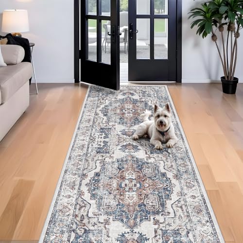 4x10 Washable Hallway Runner Rug: Oriental Living Room Entry Extra Wide Area Rug Ultra Soft Non Slip Runners for Kitchen Dining Room Stain Resistant Low Pile Floor Mat for Bathroom Bedroom(Brick,4x10)