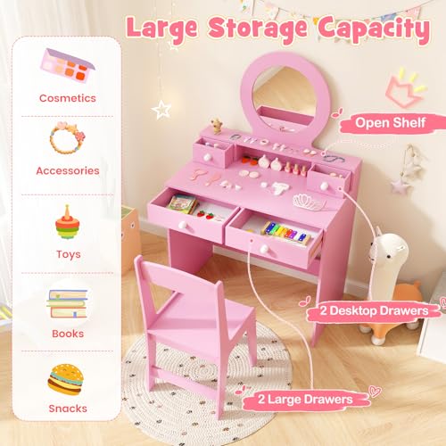 Image of HONEY JOY Kids Vanity, Little Girls Vanity Set with Mirror and Stool, Drawers, Toddler Makeup Vanity Dressing Table, Wooden Pretend Play Kids Vanity Table and Chair Set (Pink)