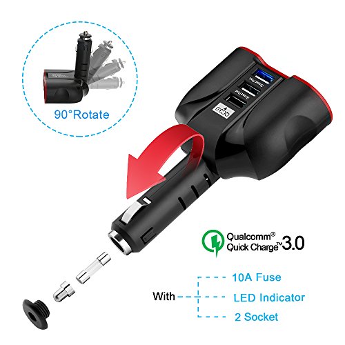 QC3.0 Smart Car Charger, 2 Socket + 3 USB (2xSmart USB Port & 1xQC3.0 USB Port) Multifunction Car Socket Splitter Adapter Built-in 10A Fuse for Smart Phones, Tablets, GPS, MP3 Players