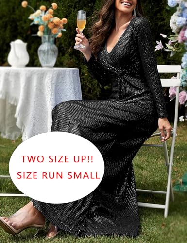Image of Long Sleeve Sequin Dress For Women Formal Gowns Sparkly V Neck Maxi Dress