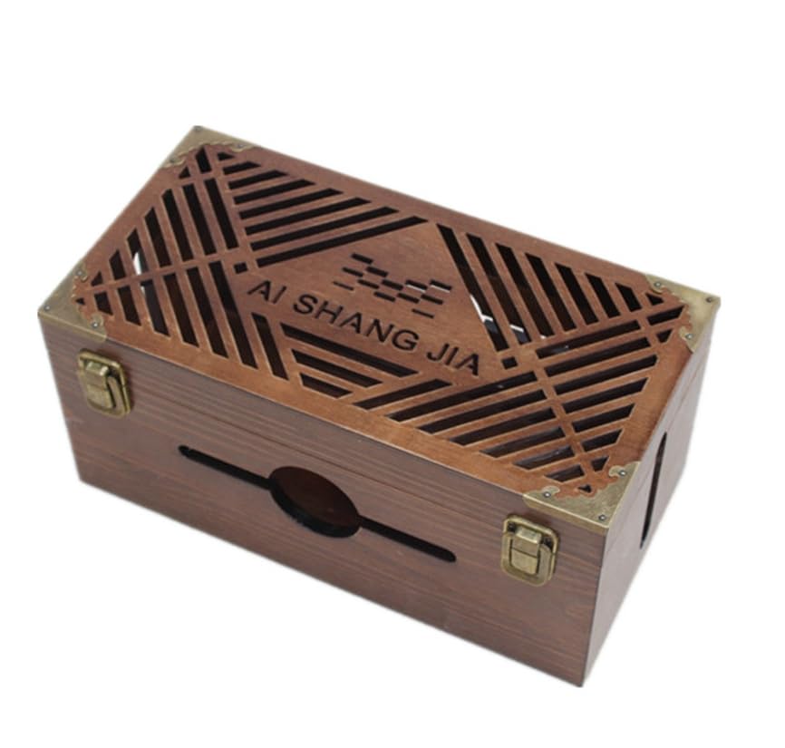 Luminexia Kabelkanal Box,Steckdosenbox Kabelsammler,Massivholz Schreibtisch Aufbewahrungsbox Kabelmanagement Box Holzregal Eckregal Kupfer Muster Dekor Mit Schloss BüRo Holz Schreibtisch Organizer