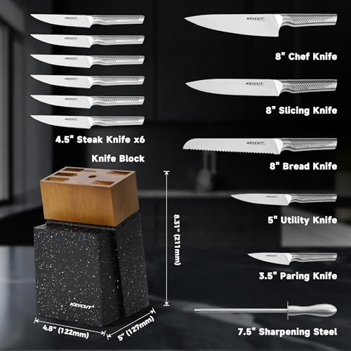 Image of KEYCUT 13 PCS Knife Set with Block, Upgraded 5Cr15Mov High Carbon Stainless Steel Kitchen Knife Sets with Block and Sharpener, Ergonomic Full-Tang Handle, Professional Kitchen Knife Set