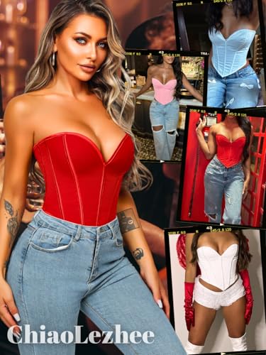 Image of ChiaoLezhee Heart Corset Top For Women, Sexy Concert Outfits Going Out, Strapless Crop Top, Overbust Bustier