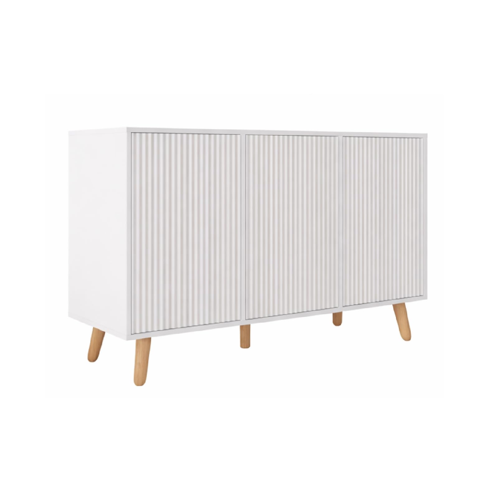 MB Muebles Bonitos | Aparador Salón Blanco 120 cm Renzo | Mueble Auxiliar Diseño Acanalado 3 Puertas con Patas de Madera | Estilo Nórdico Moderno para Comedor | 120x76x40 cm