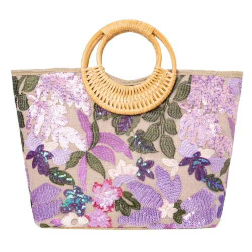 Image of Rattan Wood Handle Sequin Embroidered Floral Beach Bag Tote for Vacation and Wedding Party