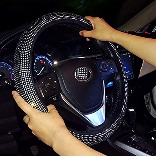 Car Steering Wheel Cover Bling Bling Rhinestone Leather Handcraft Car Steering Wheel Cover for Lady Four Seasons Steering Cover, Black