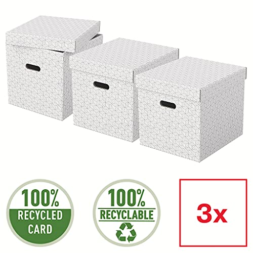 Esselte 3er Set große würfelförmige Aufbewahrungsboxen mit Deckel, Schachteln für Wohnung/Büro & Organisationszwecke, 100% recycelter Karton, 100% recycelbar, geometrische Designs, Weiß, 628288