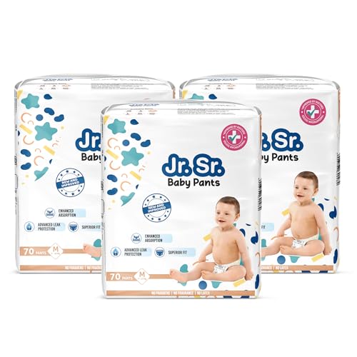 Image of Jr. Sr. Baby Diaper Pants | Medium (M) Size (7-12 kg), 210 Count | Pack of 3 | Upto 12 hr Absorption with Advanced Leak Protection | Safe For Babies Skin | Soft, Secure & Comfy