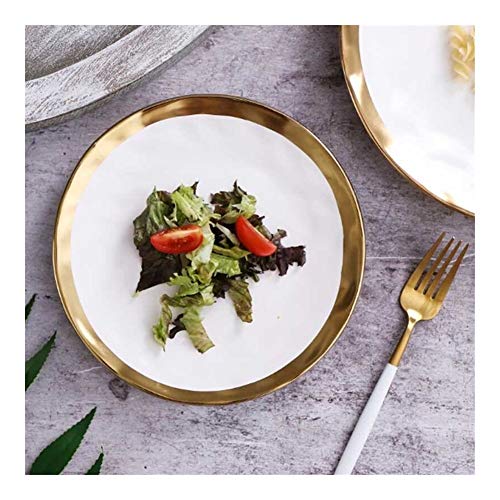 Mugs Saucers Ceramic Dinner Plate Fruit Salad Bowl Dinner Dish White Dinner Gold Inlay Plates Food Serving Porcelain Tableware Set (Color : White)