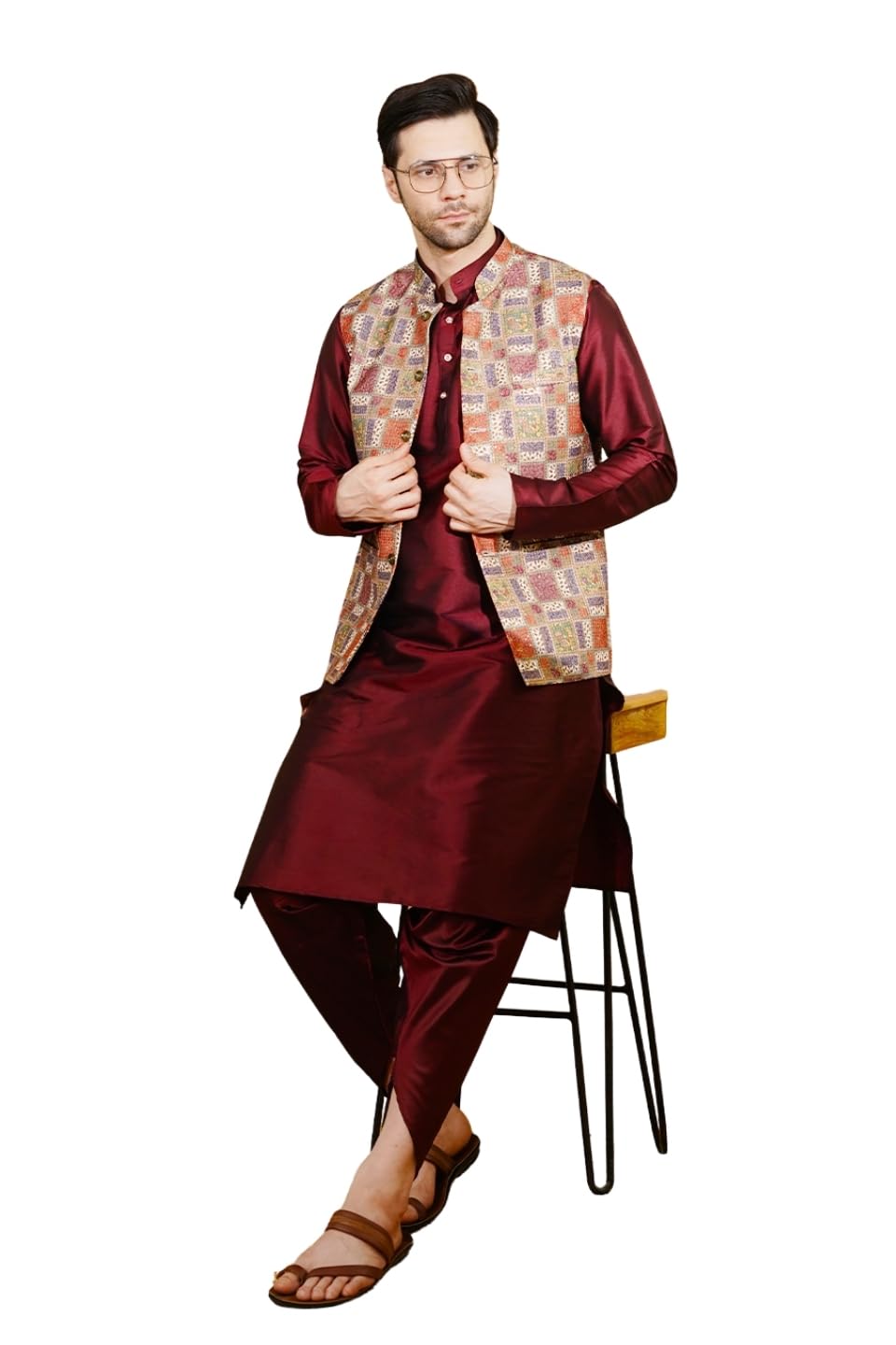 Men's RUBY SILK Red Kurta Dhoti with Nehru Jacket-image-30