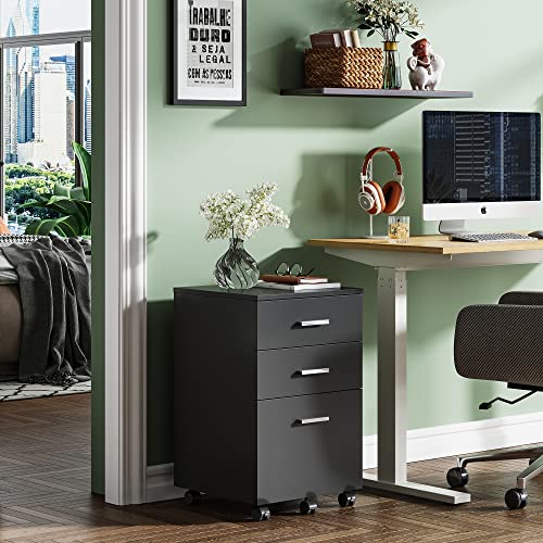 Image of DEVAISE 3 Drawer Mobile File Cabinet, Wood Filing Cabinet fits A4 or Letter Size for Home Office, Black