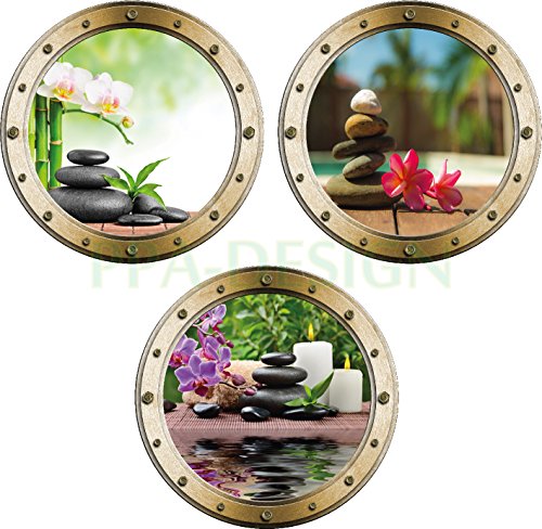 PPA DESIGN Sticker Mural Trompe l'oeil Hublot Galets Bambou Orchidée Fleur - Pack de 3 Hublots - Packhu005 (20x20cm)