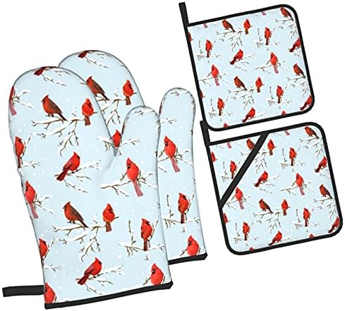 Oven Mitts and Pot Holders Sets of 4 Pattern of Cardinal Bird Red Retro Kitchen Potholder Gloves Heat Resistant Non-Slip for Chef Baking Cooking Grilling BBQ Mittens