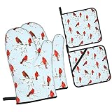 Oven Mitts and Pot Holders Sets of 4 Pattern of Cardinal Bird Red Retro Kitchen Potholder Gloves Hea