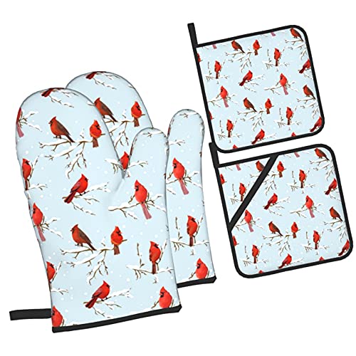 Oven Mitts And Pot Holders Sets Of 4 Pattern Of Cardinal Bird Red Retro Kitchen Potholder Gloves Heat Resistant Non-Slip For Chef Baking Cooking Grilling Bbq Mittens #TOP4