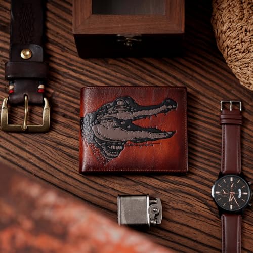 Crocodile Mens Leather Wallets,Personalized Retro Bifold Wallet For Men,RFID Blocking Nice Men's Wallet,Gifts for Him Husband,Boyfriend Gift (Brown Upgrade)2