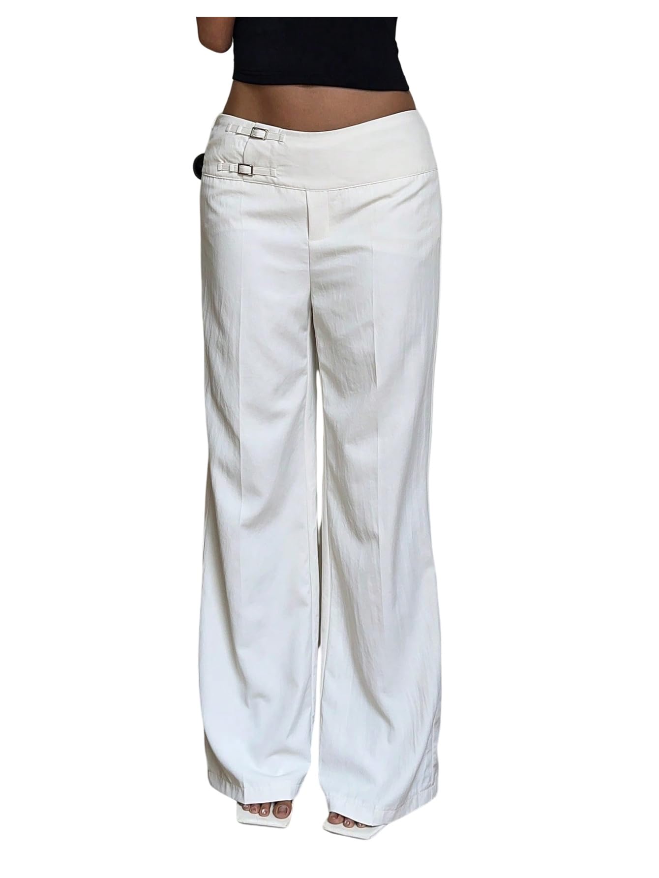 GORGLITTER Womens Low Rise Business Casual Dress Pants Flare Wide Leg Straigh Double Buckle Fall Trousers