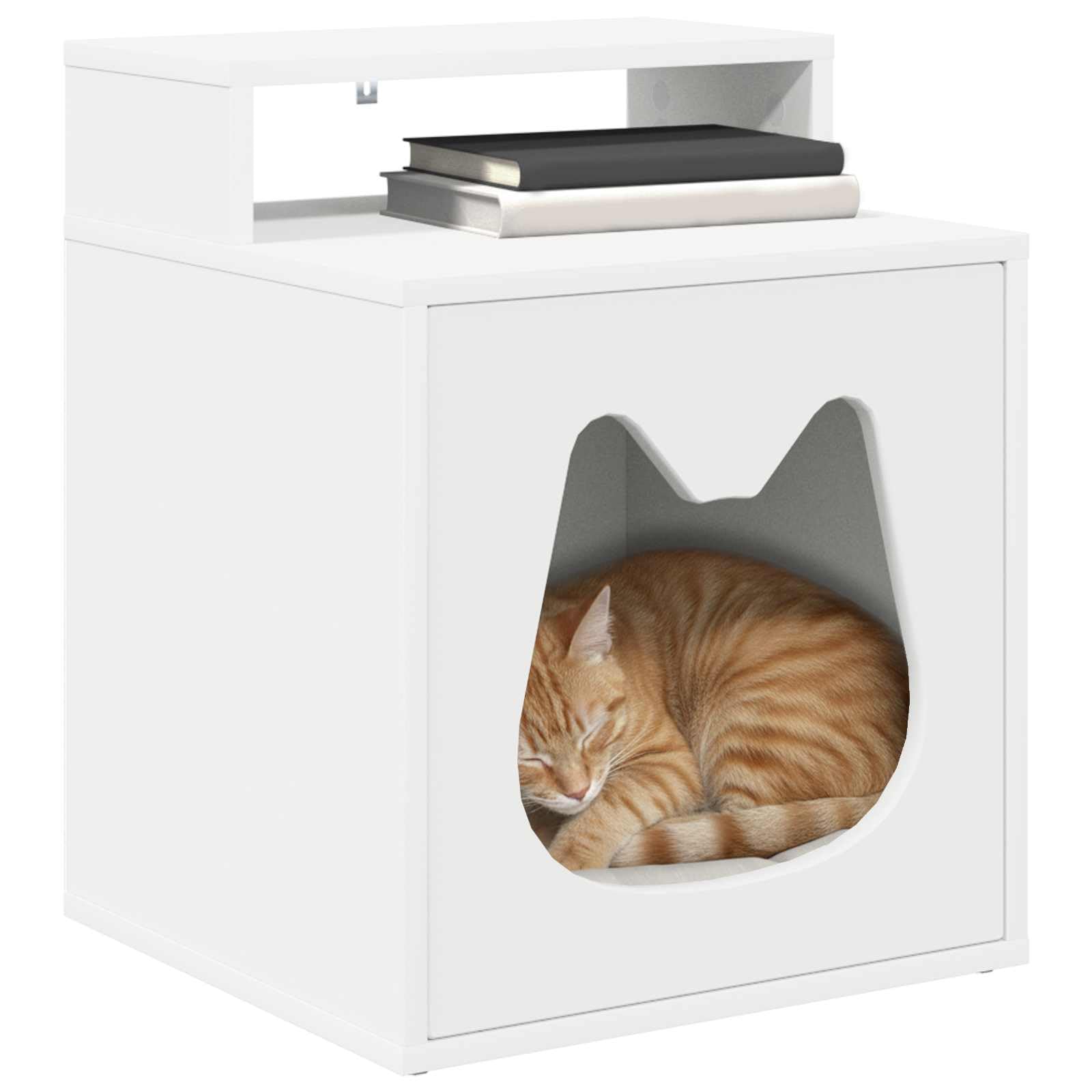Moderna casa para gatos de madera, color blanco, 42,5 x 40 x 53,5 cm, con accesorios de montaje, elegante escondite de refugio y acogedor lugar de descanso para mascotas