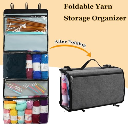 Image of Hanging Yarn Storage Organizer,Foldable Large Capacity Yarn Storage Bag for Crocheting with 5 Zipper Closure Compartments for Yarn Balls,Crochet＆Knitting Needle