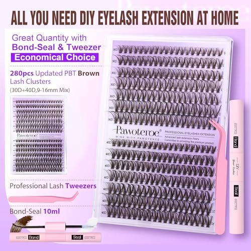 Image of Pawotence Lash Extension Kit DIY 280pcs Brown Lash Clusters Eyelash Extension Kit 30D 40D 9-16mm Individual Lashes Kit with Lash Bond and Seal Lash Tweezers for Self Use (Brown 30D 40D, 9-16mm, Kit)