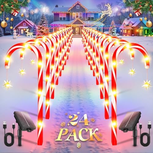 E-Kong 24 Pack Solar Candy Cane Lights Outdoor Christmas Decorations, 10 Modes, 12 Hours Bright Lighting Christmas Decorations Outdoor, Solar Pathway Lights Waterproof for Yard Patio Garden