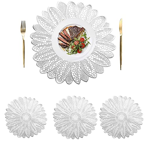 Paquete de 4 manteles individuales redondos de vinilo prensado, manteles individuales decorativos de 38 cm, antideslizantes, lavables, para decoración de mesa de comedor, cocina (plateado)