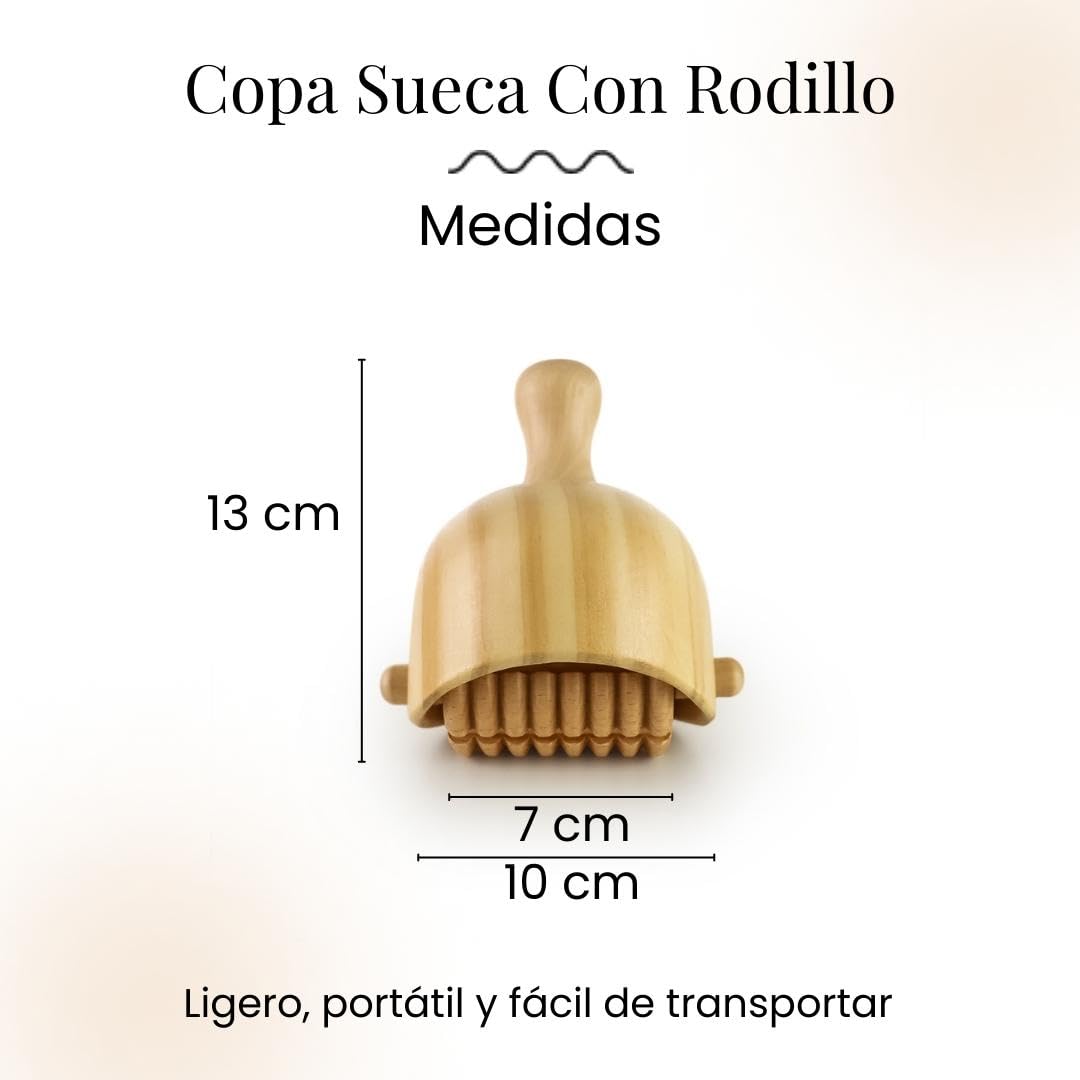 Copa Sueca con Rodillo | Maderoterapia Anticelulitis y Drenante | Copa Sueca y Rodillo para Masajes | Fabricada en Madera de Pino y Loto | Diseñada por Maderoterapia Estética España