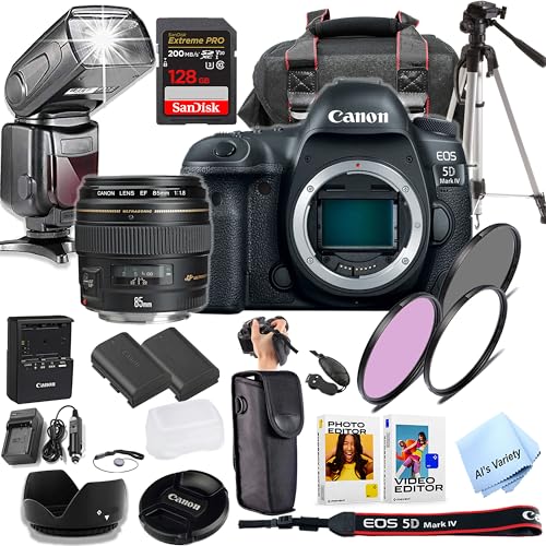 Canon EOS 5D Mark IV DSLR Camera with 85mm f/1.8 USM Lens + TTL Speed Light Flash + 128GB Extreme Speed Memory, Filters, Case, Tripod + More (Pro Photo Bundle) (Renewed)