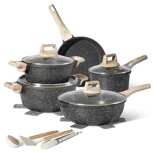 Just Perfecto pots and Pans Sets Non Stick, Induction hob pan Set, Saucepan Set, Non Stick Frying pan Set with lid Stock Pot, deep Frying pan, pots and Pans Set Granite cookware Set (Black)
