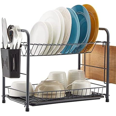 Naturous Dish Rack, 2 Tier Dish Drying Rack Kitchen Organizer with Drain Board, Utensil Holder, Cutting Board Holder, Gray Cover