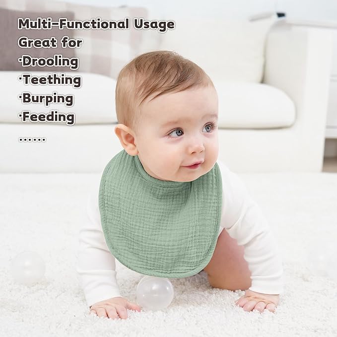 Susurration Muslin Baby Bibs 10Pack Soft Square Adjustable Baby Dribble Bandana Bibs with Adjustable Snaps for Unisex Baby Girls & Boys (Grey Green) - Image 2