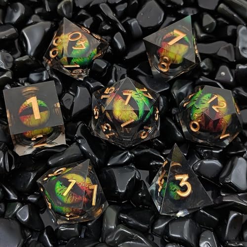 ORUZA 7 PCS Dragon Eye DND Dice Liquid Core D&D Dice Resin Sharp Edge Polyhedral D&D Dice Set for Dungeons and Dragons Role Playing Die D20 D12 D10 D8 D6 D4 D%