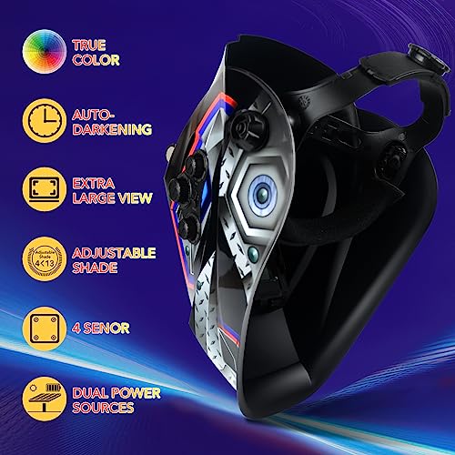Image of TRQWH Welding Helmet Auto Darkening Large Viewing True Color Solar Powered Welding Mask with 4 Arc Sensor Adjustable Wide Shade Range 4~5-8 /9-13 Welder Mask with Grinding