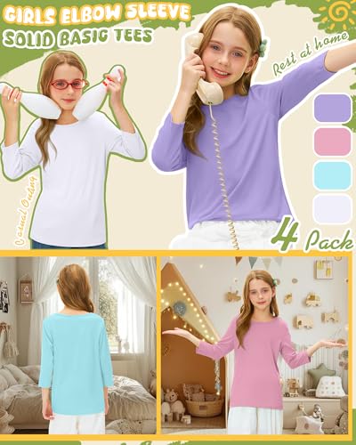 Image of 4 Pack Girls 3 /4 Sleeve T Shirts Kids Crewneck Elbow Sleeve Casual Tops Solid Basic Cute Teen Tees 5-14Y