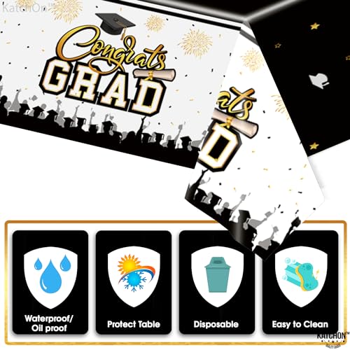 Image of KatchOn, Black and Gold Graduation Tablecloth -108x54 Inch, Pack of 3 | Congrats Grad Tablecloth for Graduation Decorations 2026, Grad Party Decorations 2026 | Graduation Table Decorations 2026