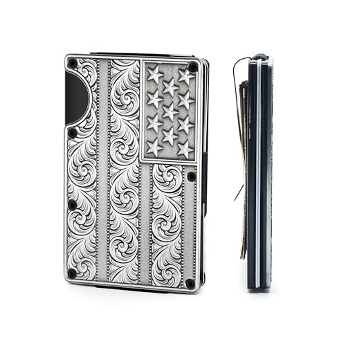 Image of American Flag Wallet Flourish Engraved Silver Metal Cardholder /WITH REMOVABLE Money Clip for Men with RFID Blocking - Slim, Stylish, and Secure Credit Card Holder
